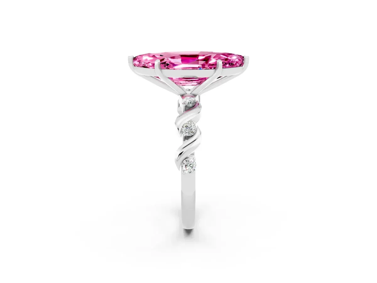 Marquise Cut Pink Sapphire Solitaire Twisted Band with Round Accents and Prong Setting Platinum