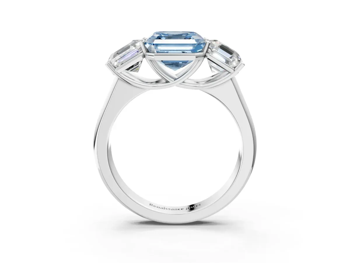 Fancy Blue Asscher Cut Three-Stone Diamond Ring with Prong Setting on a Classic Band Platinum