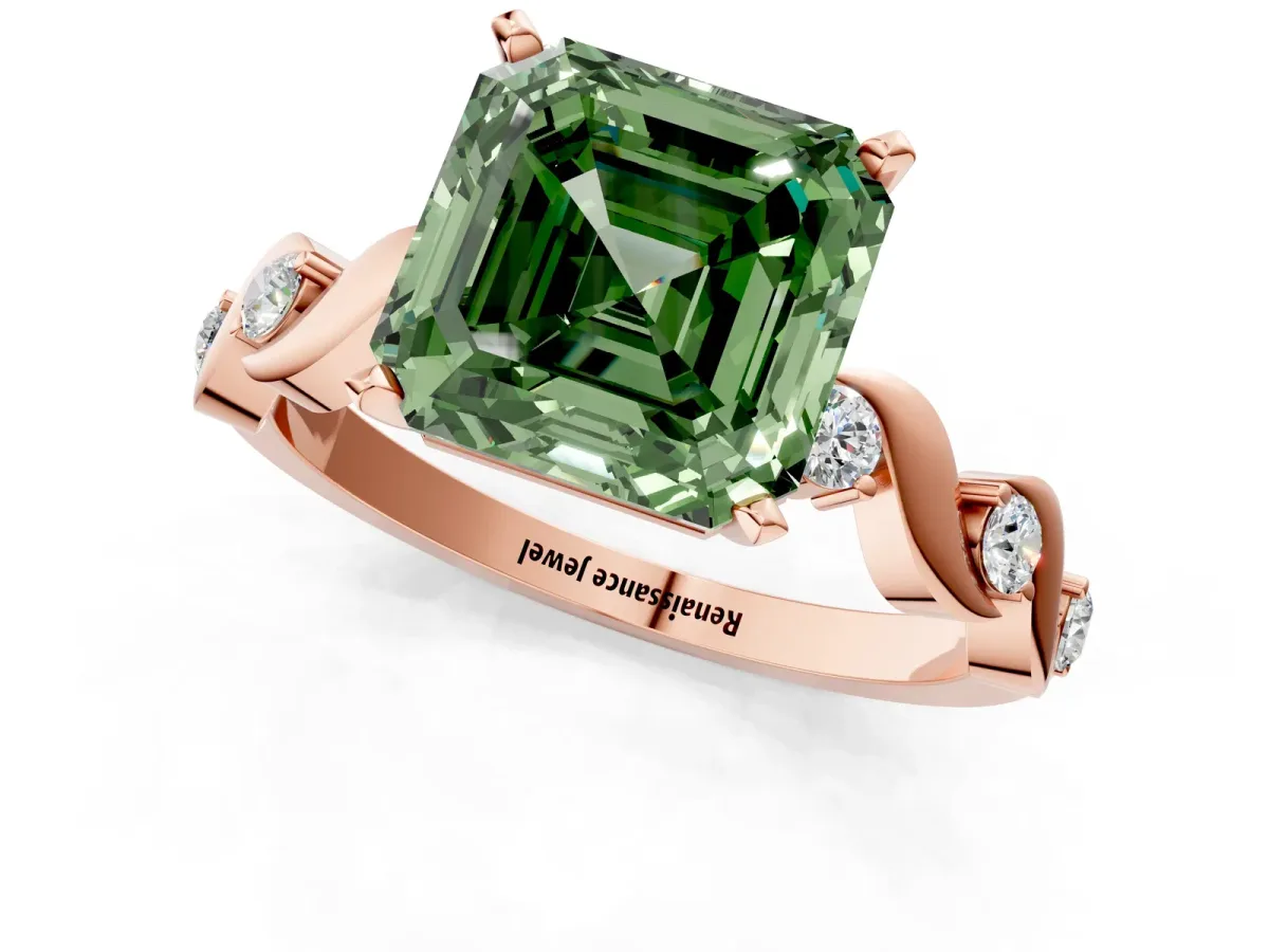 Fancy Green Asscher Cut Diamond Solitaire Twisted Band with Round Accents and Prong Setting Rose gold