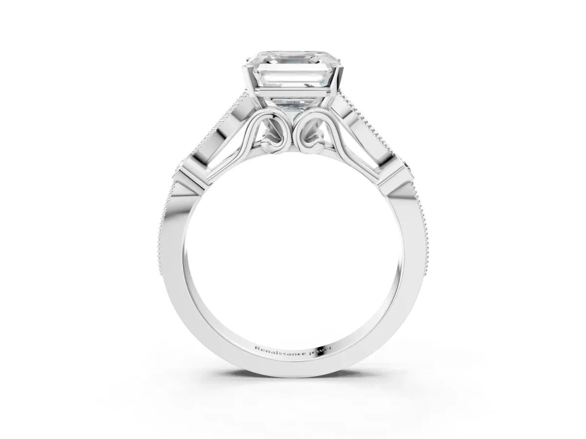 Asscher Cut Cut Diamond with Milgrain Marquise and Bezel Accents on a Solitaire Band with Prong Setting Silver