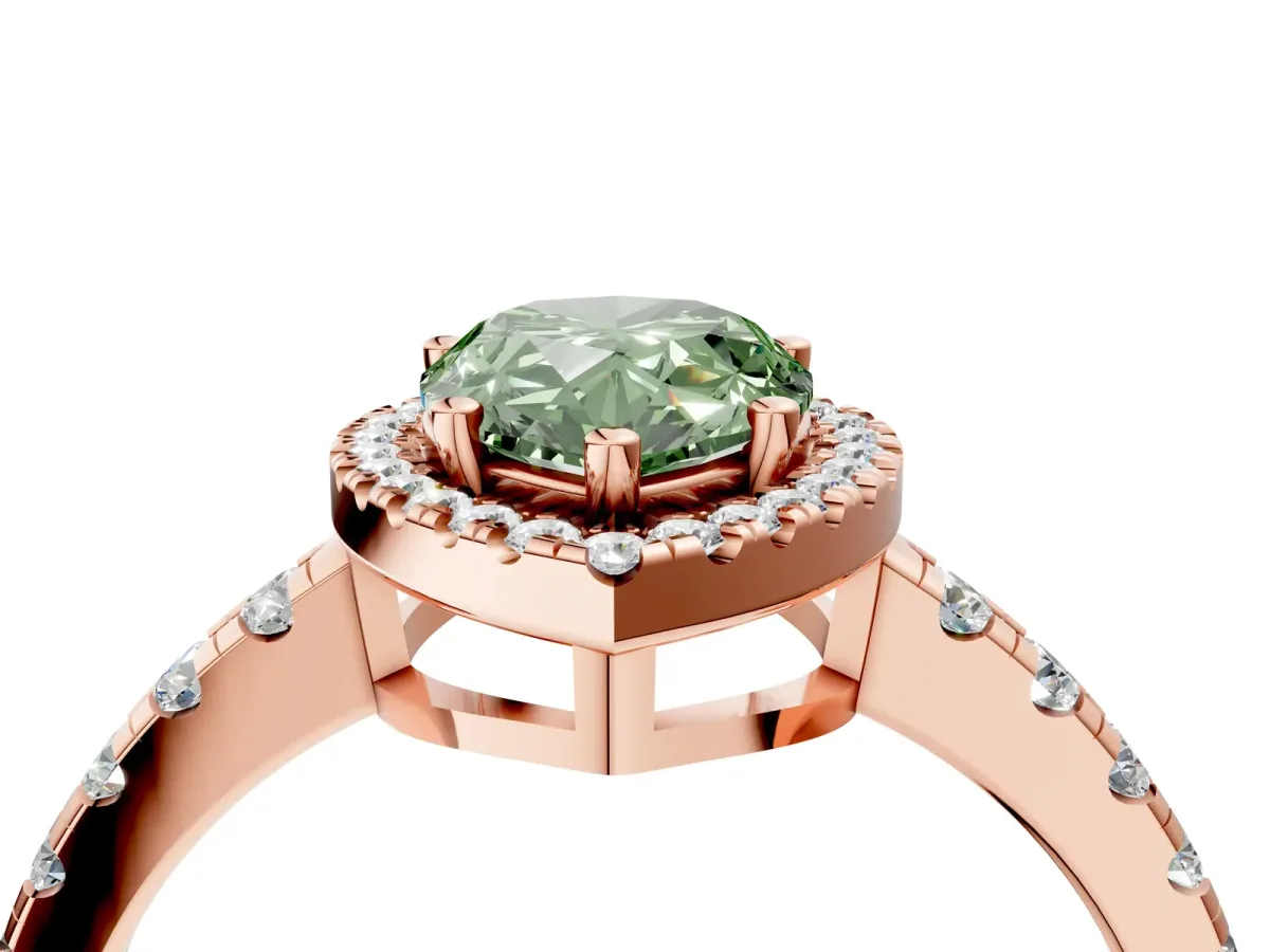Fancy Green Pear Cut Diamond Halo Ring with Pavé Band and Four-Prong Setting Rose gold