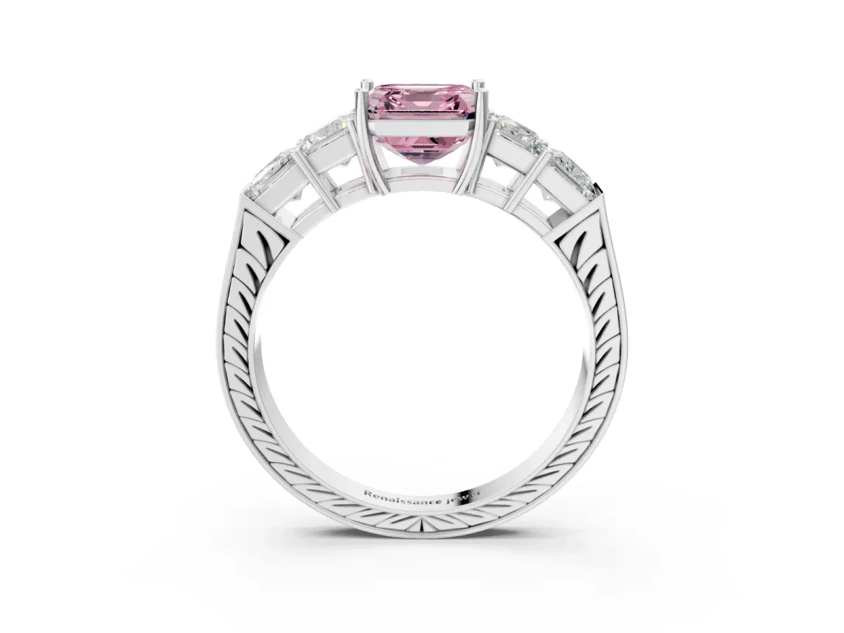 Fancy Pink Asscher Cut Solitaire Princess Side Stone Engraved Band Prong Setting Ring Platinum