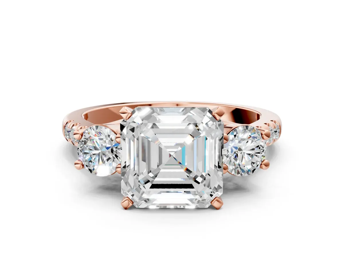 Three-Stone Asscher Cut Diamond Pavé Band with Four-Prong Setting Rose gold