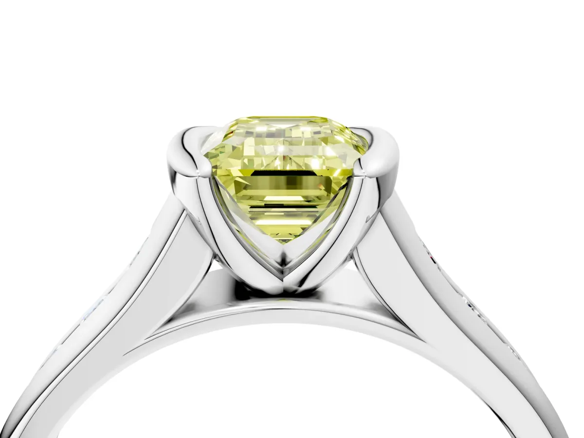 Fancy Yellow Emerald Cut Solitaire Bezel-Set Diamond Ring with Channel-Set Band Platinum