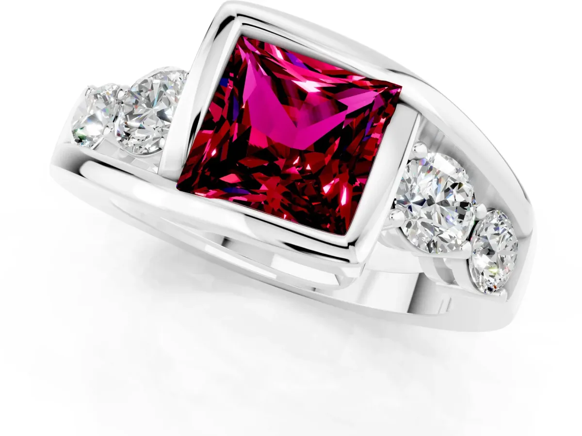 Bezel Set Princess Cut Garnet Bypass Ring with Round Accents Platinum