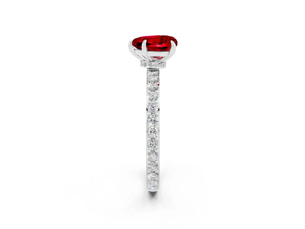 Heart Cut Ruby Solitaire Engagement Ring with Pavé Band and Four-Prong Setting Silver