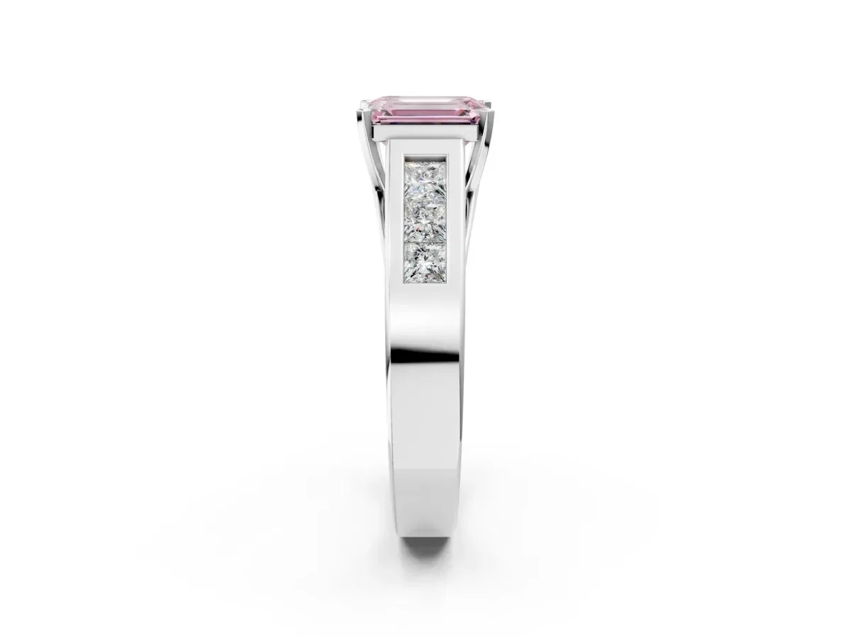 Fancy Pink Emerald Cut Cut Channel Set Solitaire Ring with Four-Prong Setting White gold