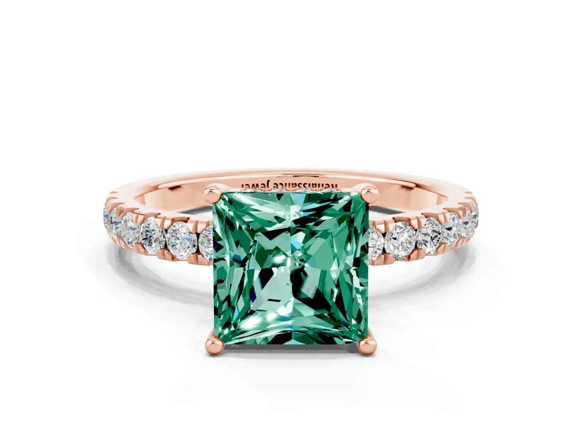 Princess Cut Green Sapphire Pave Band Solitaire Ring with Round and Prong Setting Rose gold