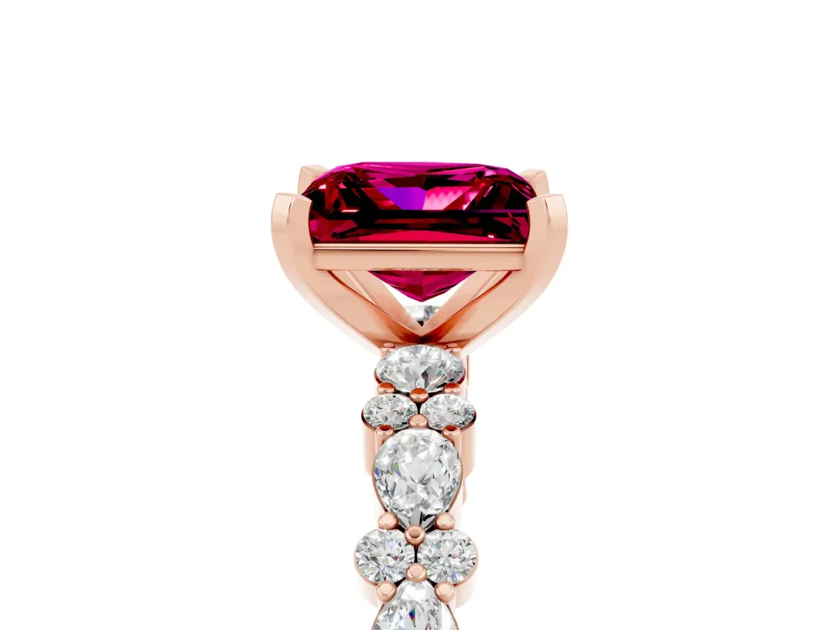 Princess Cut Garnet Side Stone Solitaire Ring with Round and Four-Prong Setting Rose gold