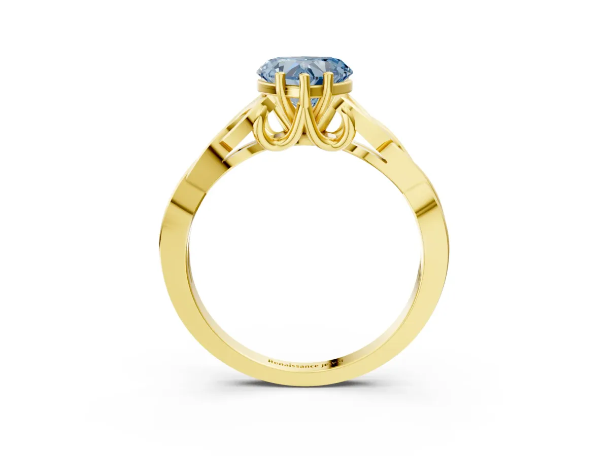 Fancy Blue Heart Cut Diamond Solitaire Engagement Ring with Celtic Knot Band and Four-Prong Setting Yellow gold
