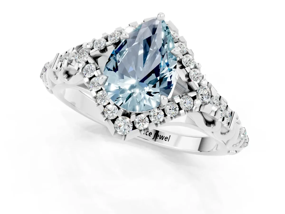 Pear Cut Aquamarine Solitaire Ring with Hidden Halo and Pavé Band White gold