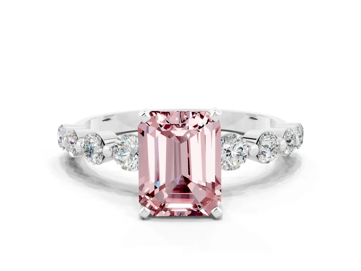 Emerald Cut Solitaire Morganite Ring with Pave Band and Four-Prong Setting Platinum