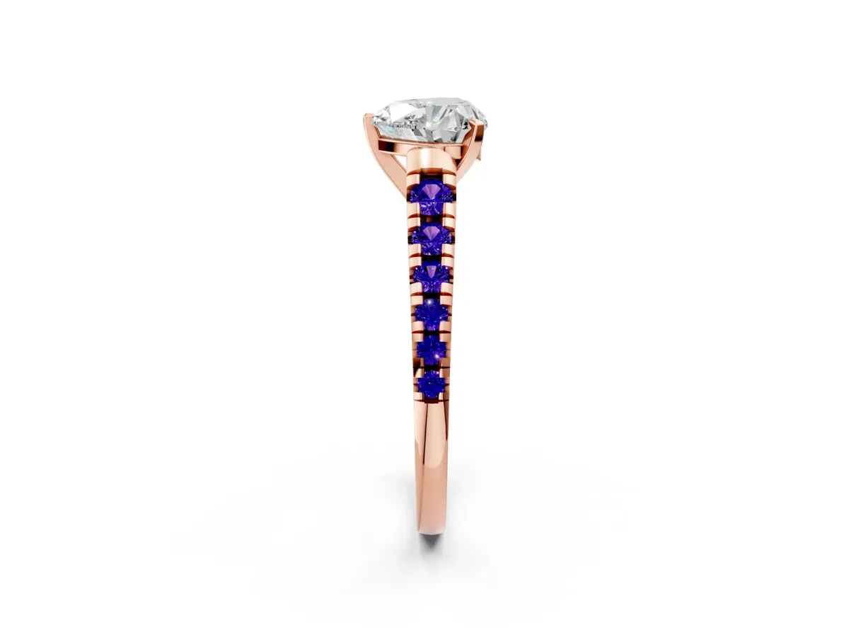 Heart Cut Diamond Cathedral Solitaire Ring with Round Tanzanite Pavé Band Rose gold