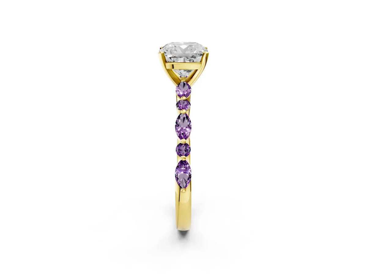 Cushion Cut Diamond Ring with Marquise and Round Amethyst Side Stones and Four-Prong Setting Yellow gold