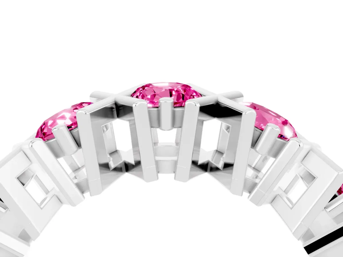 Round Pink Sapphire Channel Set Band with X-Prong Detail Platinum