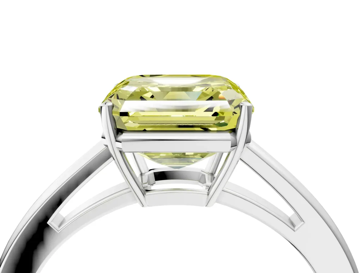 Fancy Yellow Asscher Cut Solitaire Diamond Ring with Split Shank and Four-Prong Setting Platinum