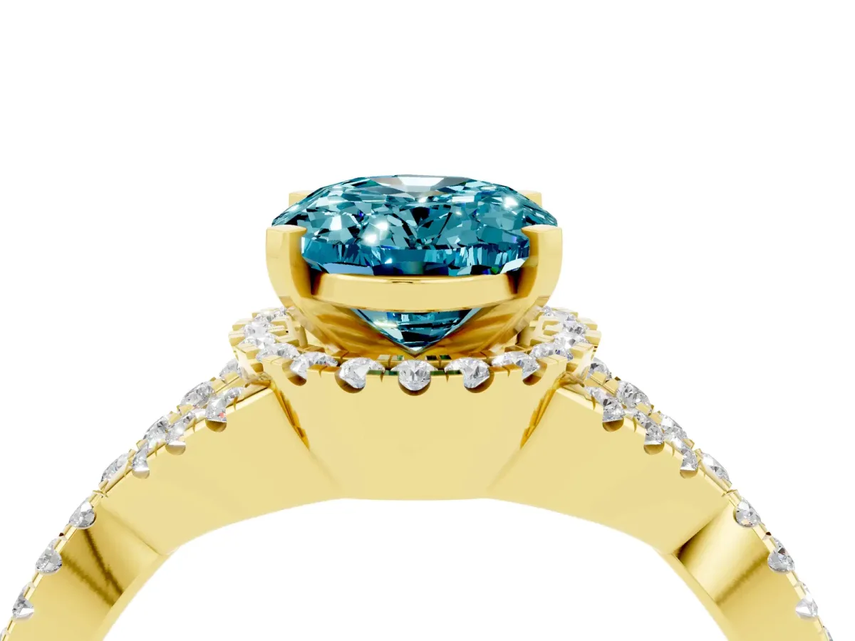 Oval Cut Blue Topaz Halo Twist Band Solitaire Prong Setting Ring Yellow gold