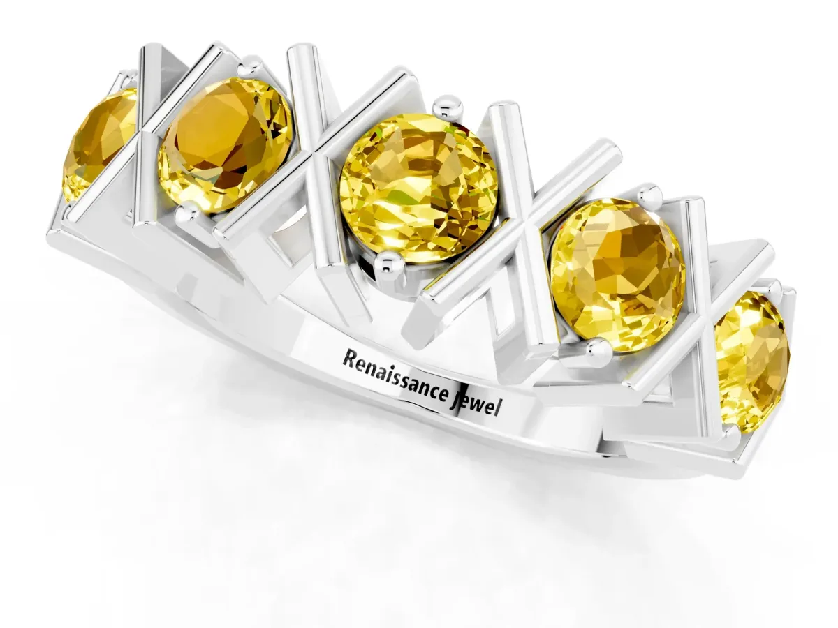 Round Yellow Sapphire Channel Set Band with X-Prong Detail White gold