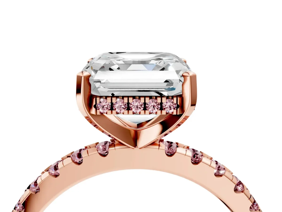 Asscher Cut Diamond Solitaire Ring with Round Morganite Pavé Band and Four-Prong Setting Rose gold