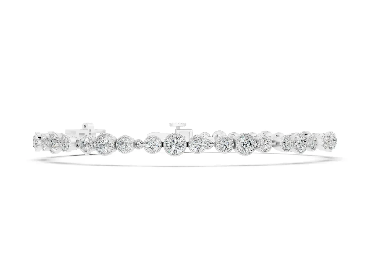 Round Bezel-Set Diamond Tennis Bracelet with Milgrain Detailing White gold