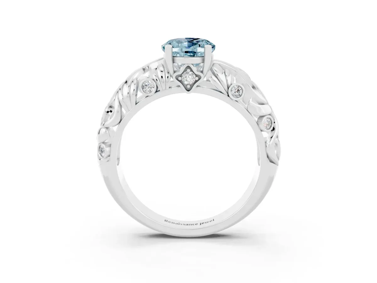 Oval Cut Solitaire Aquamarine Leaf-Inspired Vine Band Ring with Prong Setting White gold