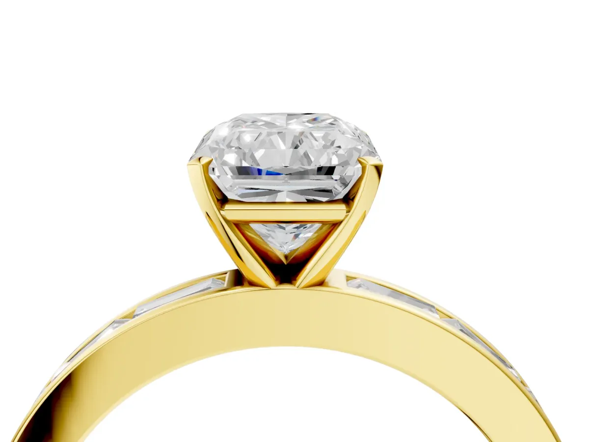 Radiant Cut Solitaire Diamond Ring with Channel-Set Baguette Band and Four-Prong Setting Yellow gold