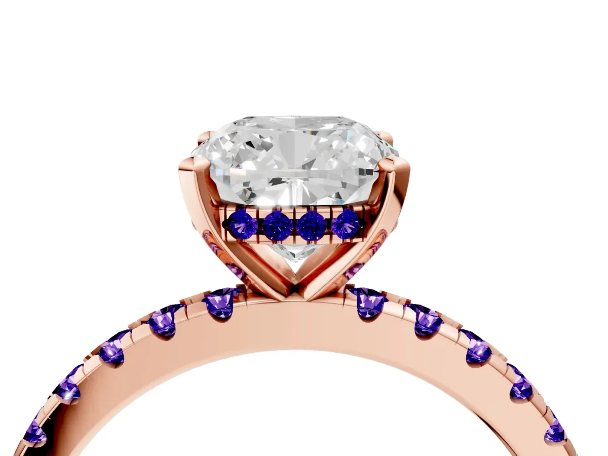 Cushion Cut Diamond Solitaire Ring with Round Tanzanite Pavé Band and Four-Prong Setting Rose gold