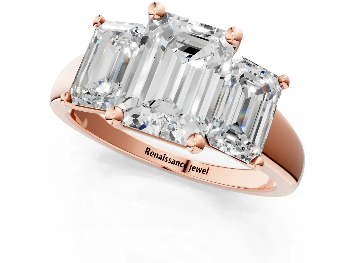 Three-Stone Emerald Cut Cut Solitaire Ring with Classic Prong Setting Rose gold
