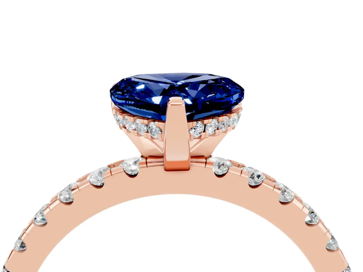 Heart Cut Blue Sapphire Solitaire Ring with Round Pavé Band and Four-Prong Setting Rose gold