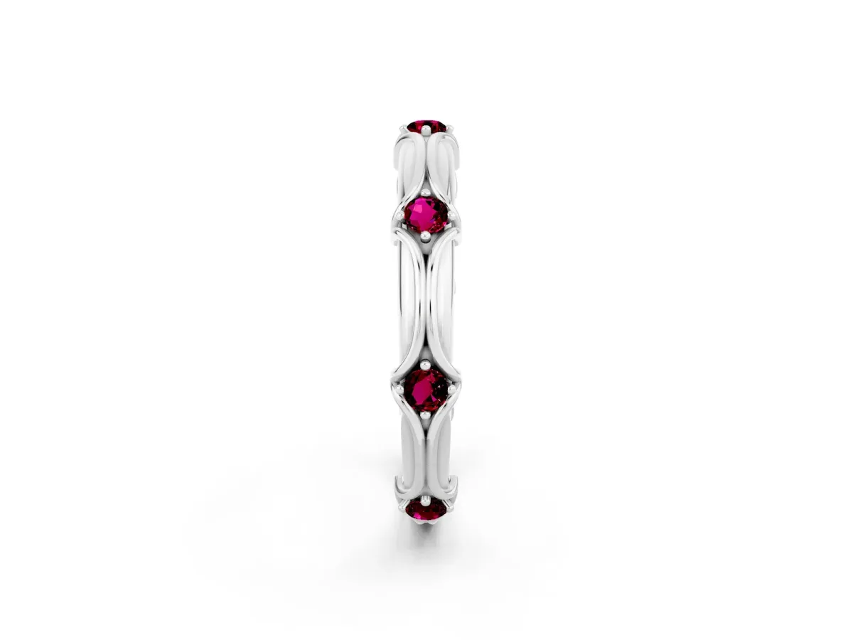 Round Garnet Prong Set Milgrain Eternity Band White gold