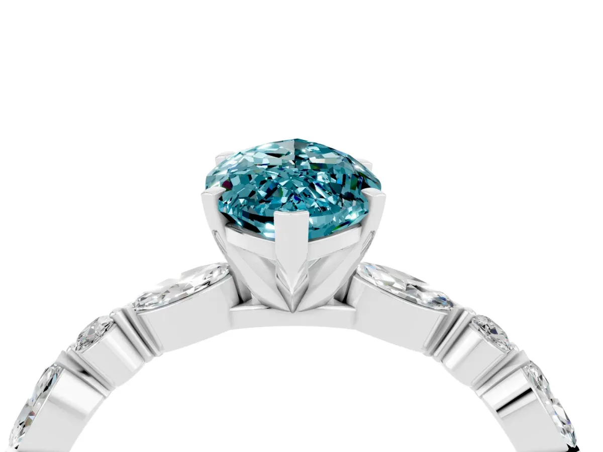 Marquise Cut Blue Topaz Ring with Marquise and Round Side Stones and Four-Prong Setting White gold