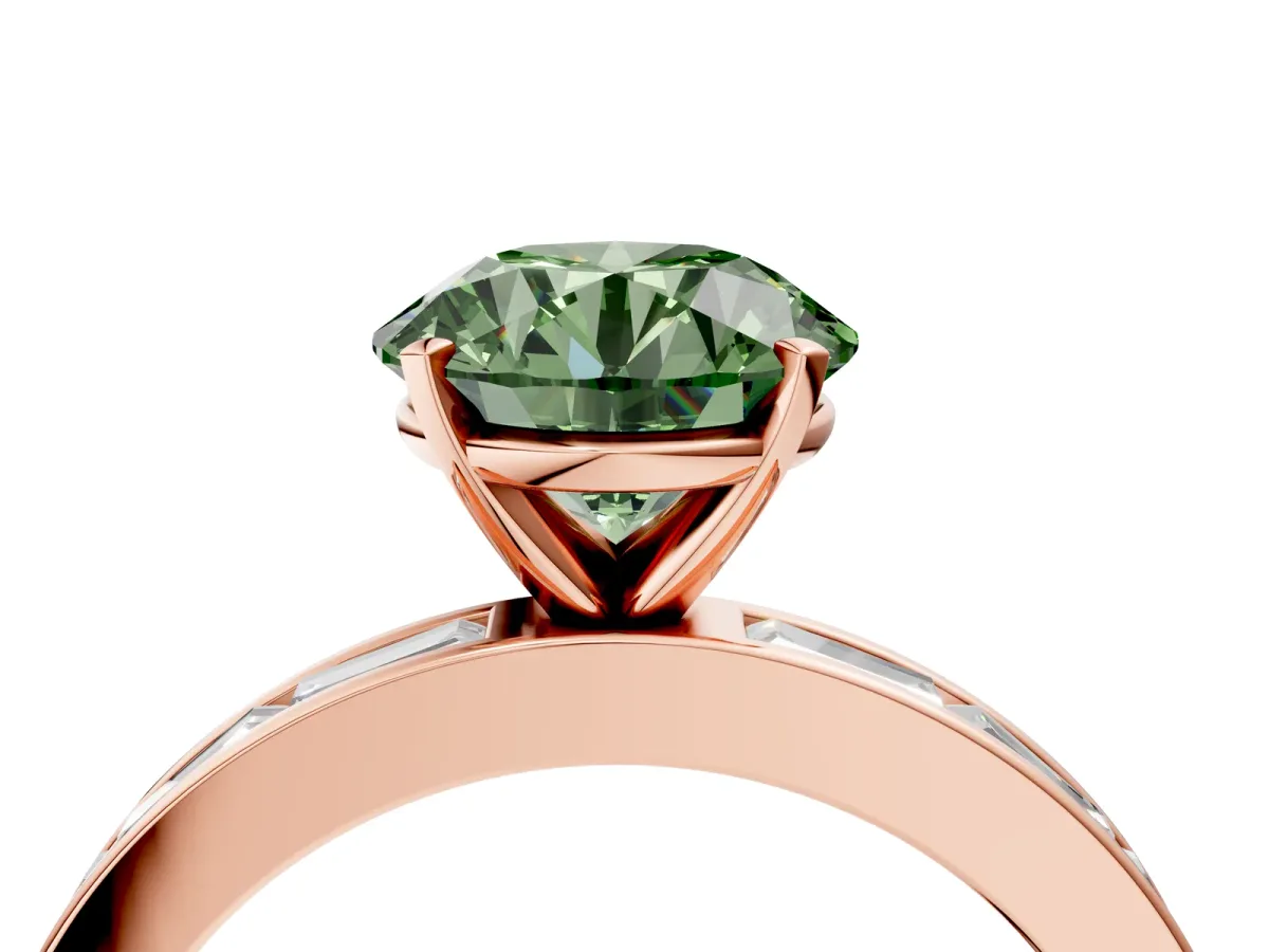 Fancy Green Round Cut Solitaire Diamond Ring with Channel-Set Baguette Band and Four-Prong Setting Rose gold