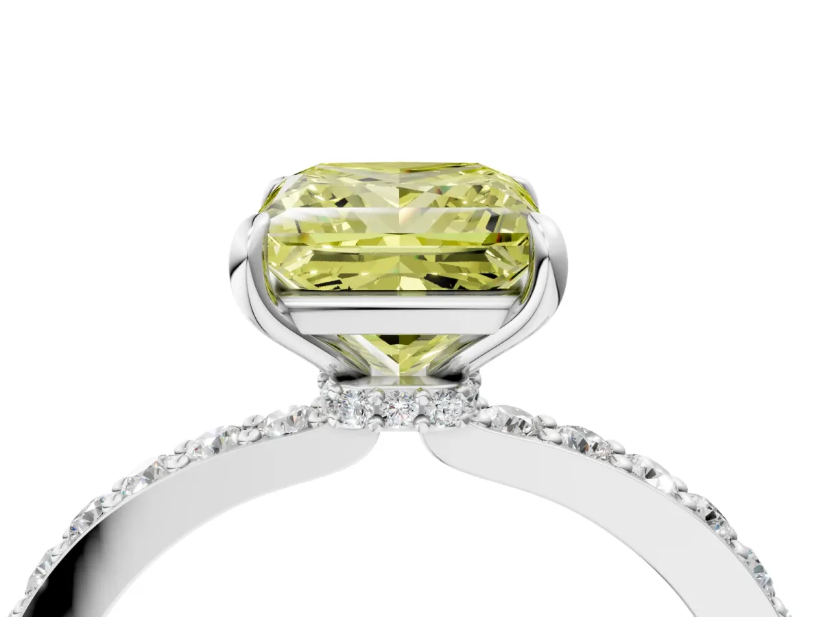 Fancy Yellow Princess Cut Diamond Solitaire Engagement Ring with Pavé Band and Four-Prong Setting White gold