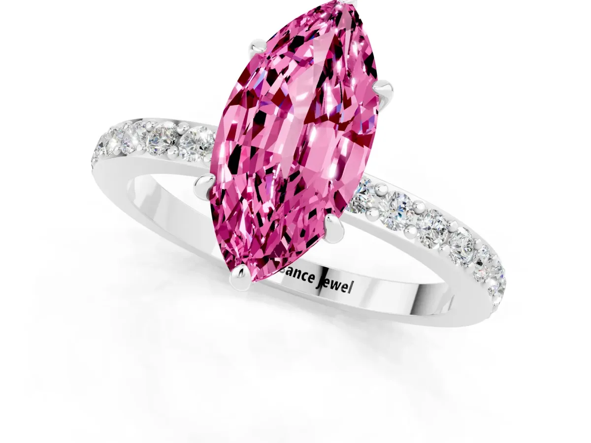 Marquise Cut Pink Sapphire Solitaire Engagement Ring with Pavé Band and Four-Prong Setting White gold