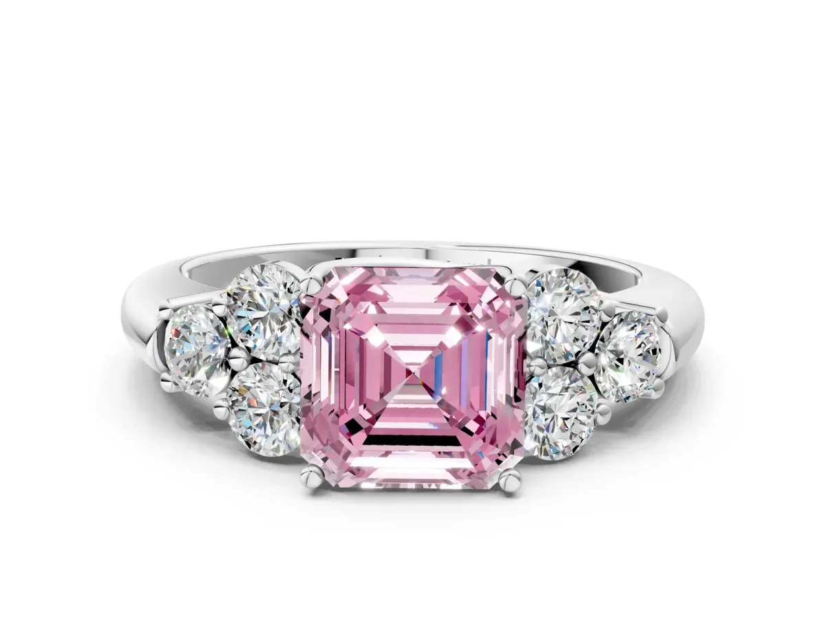 Fancy Pink Asscher Cut Cut Diamond Cluster Ring with Round Accent Stones and Prong Setting on a Classic Band Platinum