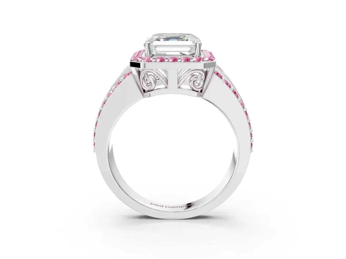 Asscher Cut Halo Diamond Ring with Round Pink Sapphire Split Shank and Prong Setting Silver