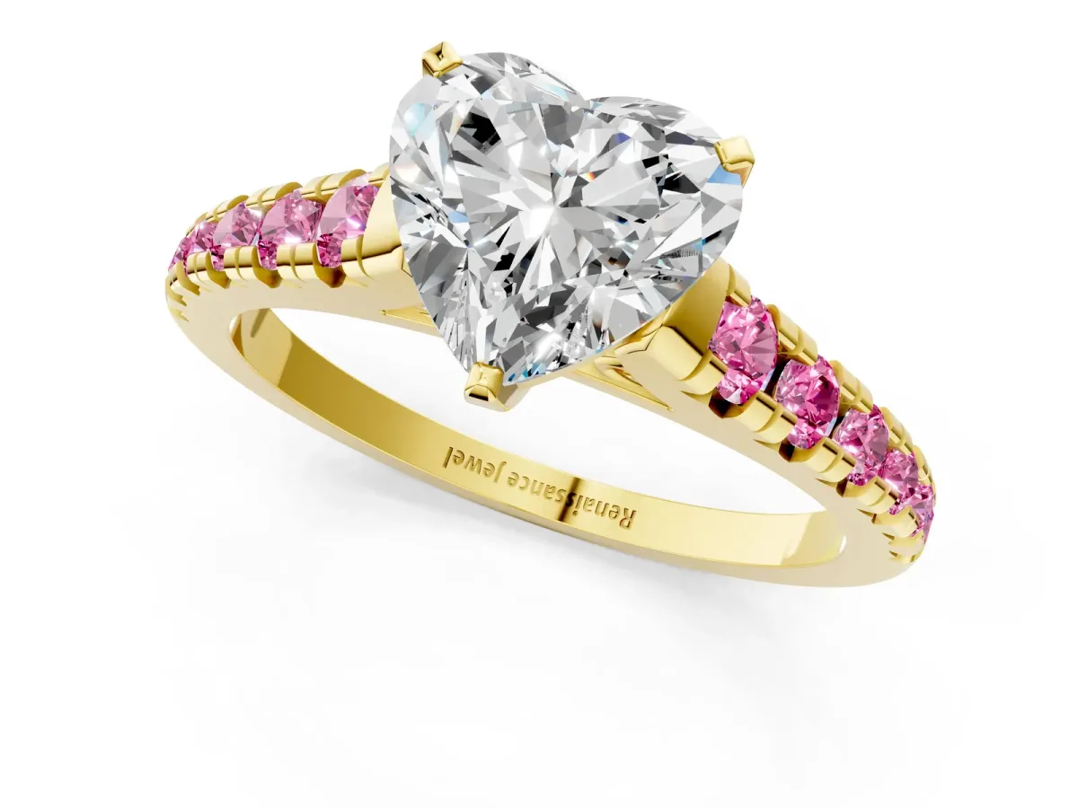Heart Cut Diamond Cathedral Solitaire Ring with Round Pink Sapphire Pavé Band Yellow gold