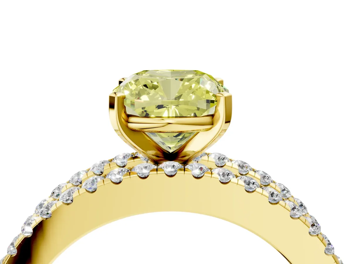 Fancy Yellow Cushion Cut Diamond Solitaire Ring with Pavé and Channel Set Band Yellow gold