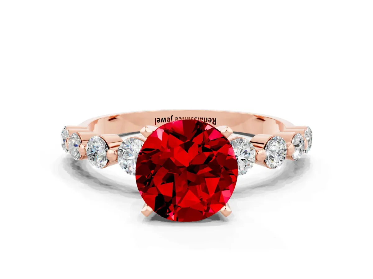 Round Cut Solitaire Ruby Ring with Pave Band and Four-Prong Setting Rose gold