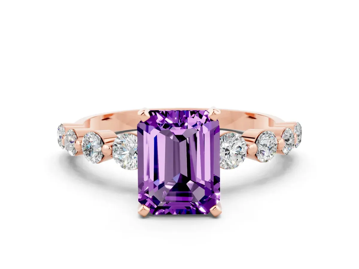 Emerald Cut Solitaire Amethyst Ring with Pave Band and Four-Prong Setting Rose gold