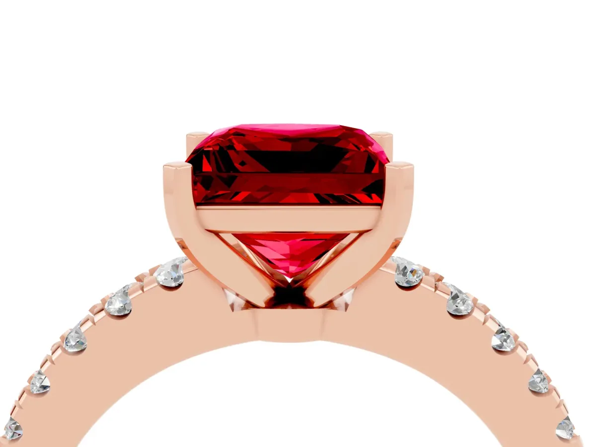Princess Cut Solitaire Ruby with Pavé Band and Four-Prong Setting Rose gold