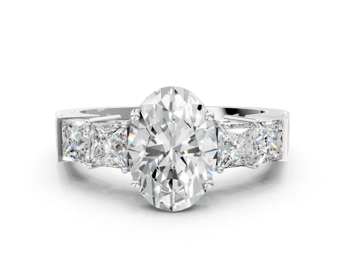 Oval Cut Solitaire Princess Side Stone Engraved Band Prong Setting Ring White gold