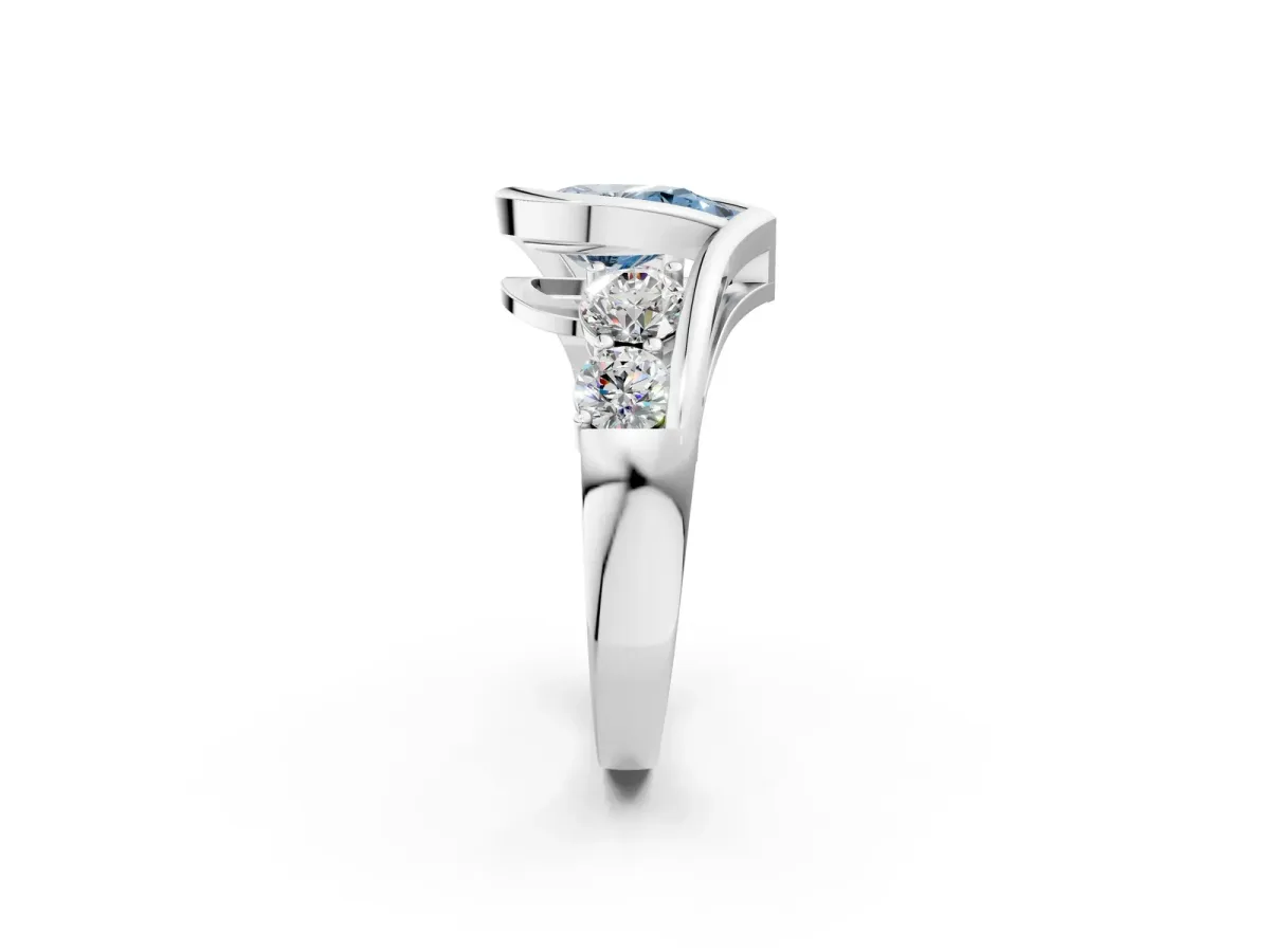 Fancy Blue Bezel Set Pear Cut Diamond Bypass Ring with Round Accents Platinum