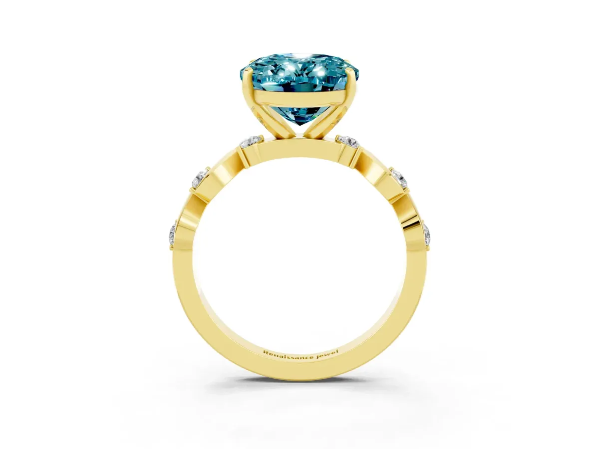 Oval Cut Blue Topaz Solitaire Twisted Band with Round Accents and Prong Setting Yellow gold