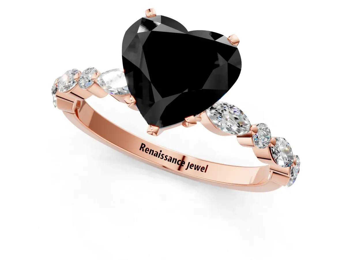 Fancy Black Heart Cut Diamond Ring with Marquise and Round Side Stones and Four-Prong Setting Rose gold