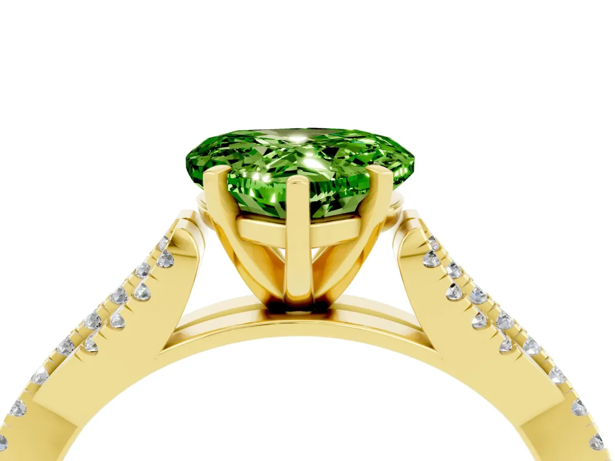 Heart Cut Peridot Solitaire Engagement Ring with Twisted Pavé Band and Four-Prong Setting Yellow gold