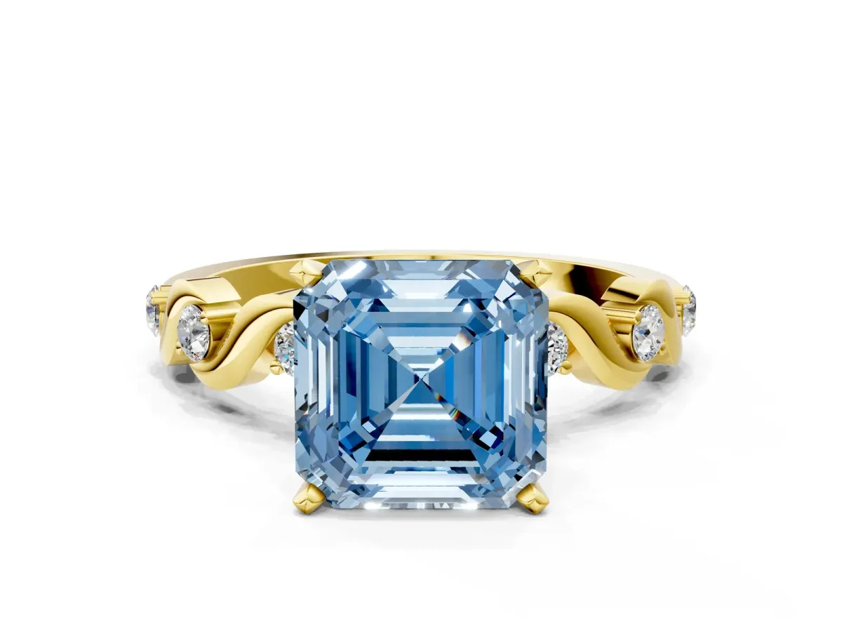 Fancy Blue Asscher Cut Diamond Solitaire Twisted Band with Round Accents and Prong Setting Yellow gold