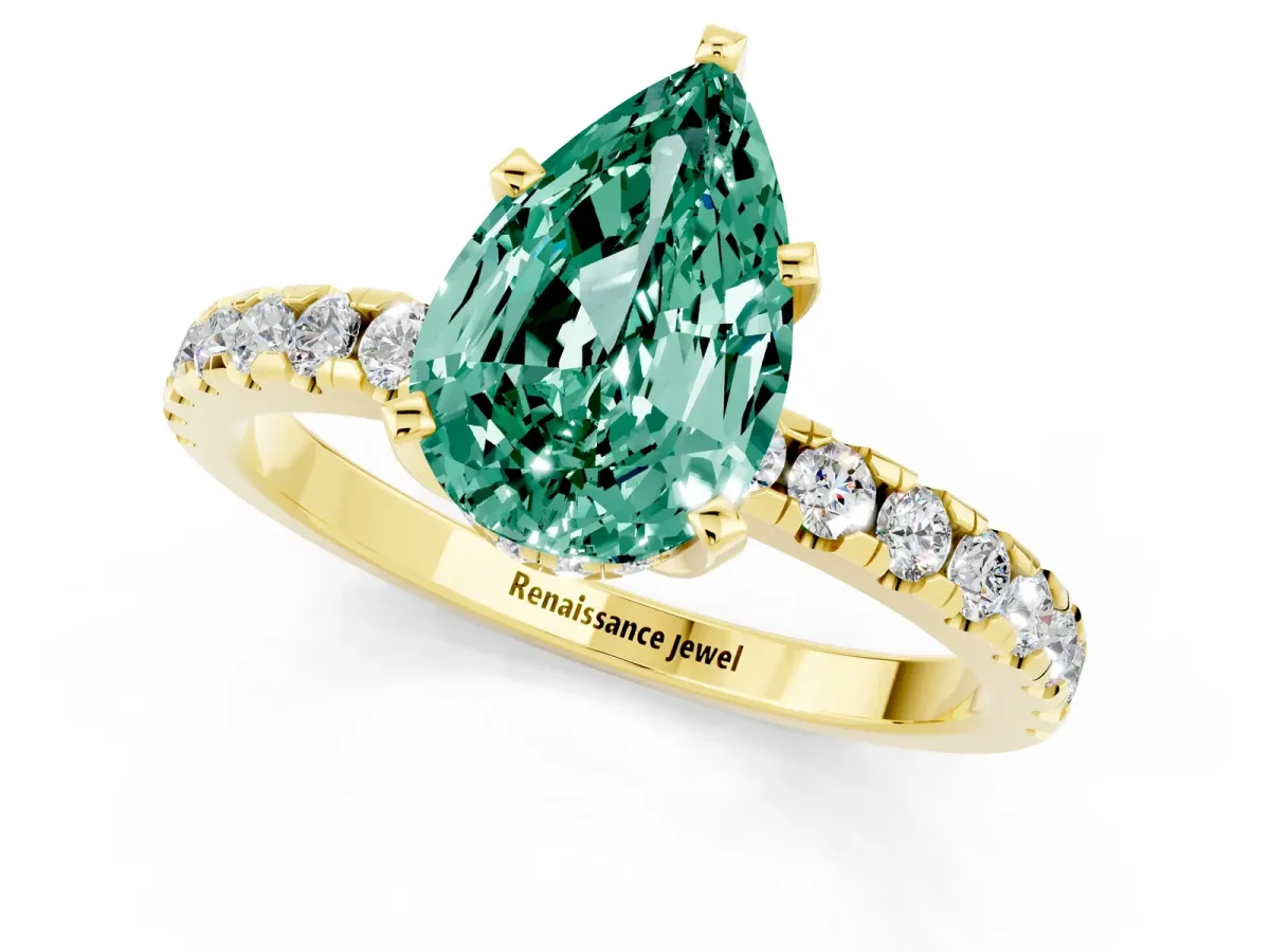 Pear Cut Green Sapphire Solitaire Ring with Round Pavé Band and Four-Prong Setting Yellow gold