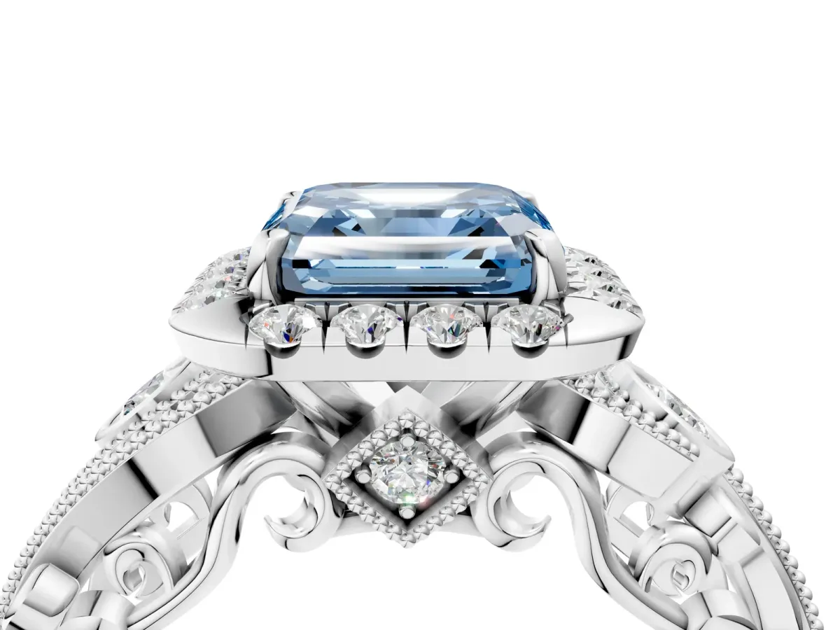 Fancy Blue Asscher Cut Diamond Halo Ring with Milgrain Pavé Band and Four-Prong Setting White gold
