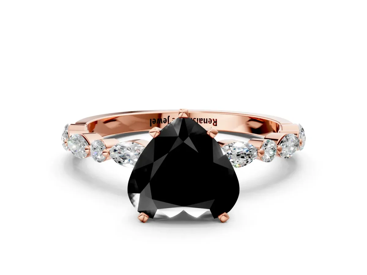 Fancy Black Heart Cut Diamond Ring with Marquise and Round Side Stones and Four-Prong Setting Rose gold